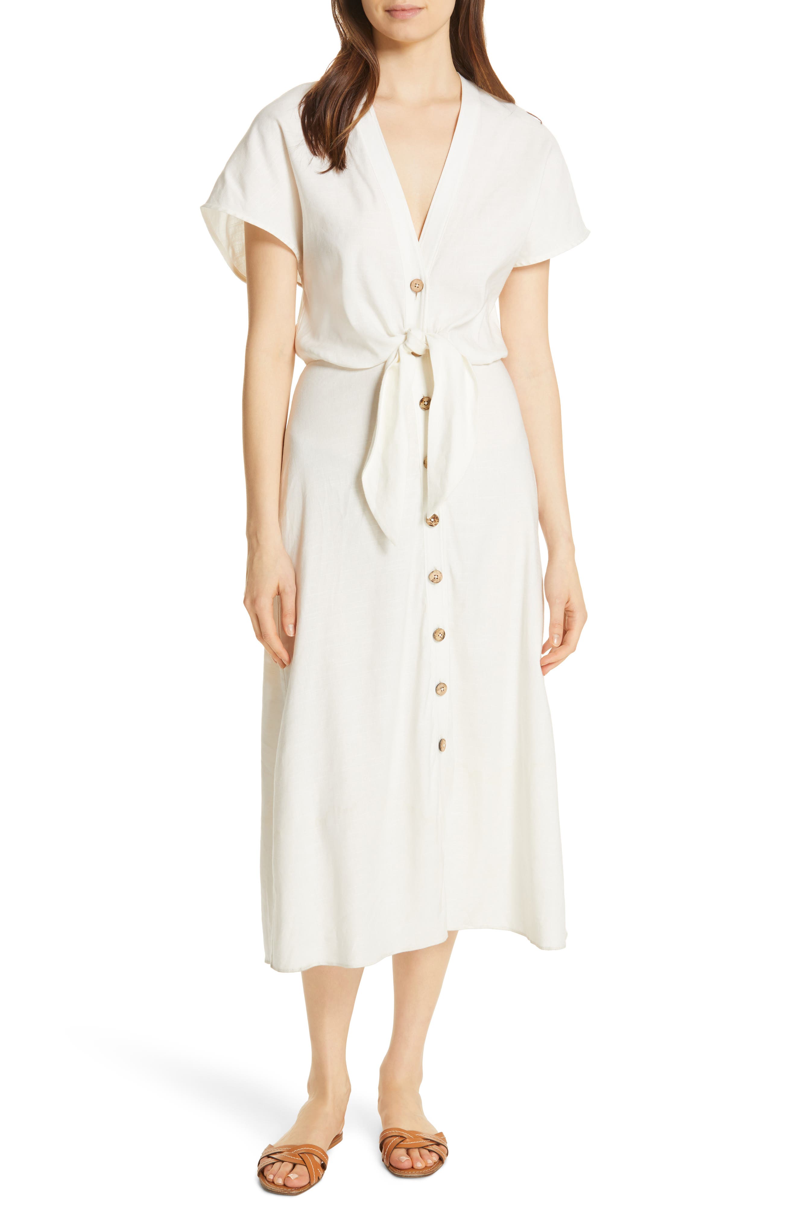 Veronica Beard Giana Tie Waist Linen Blend Midi Dress, White