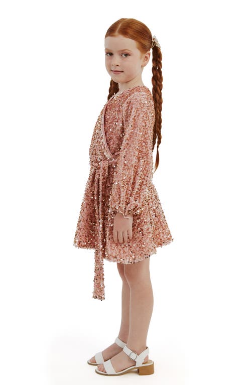 Shop Bardot Junior Kids' Velour Sequin Long Sleeve Faux Wrap Dress In Dusty Pink