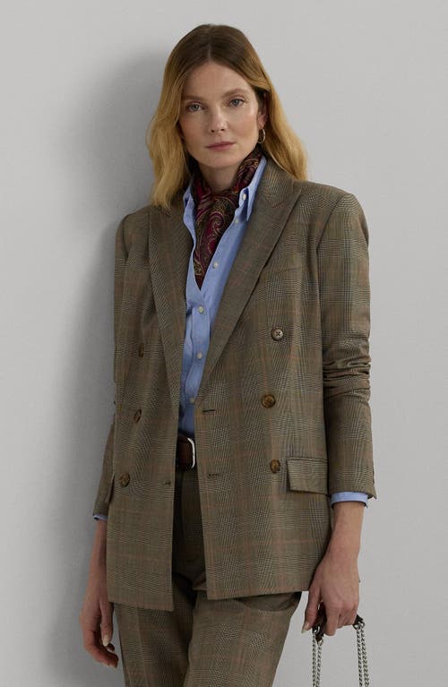 Shop Lauren Ralph Lauren Glen Check Double Breasted Wool Blazer In Brown Multi