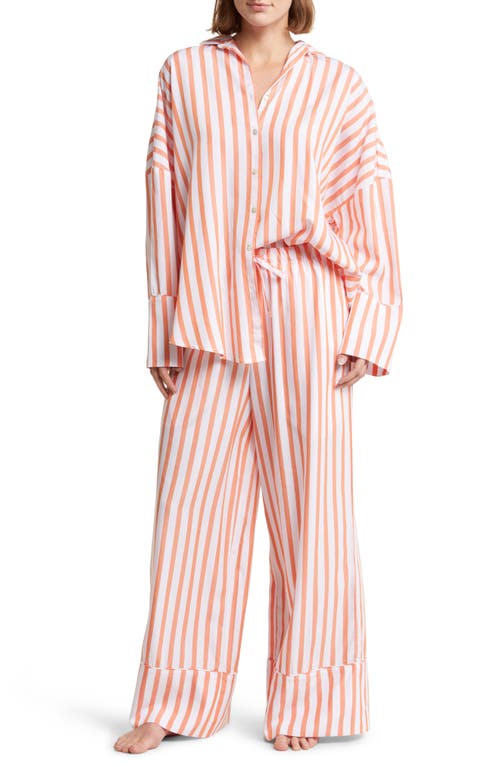 Papinelle Amelie Stripe Wide Leg Pajamas In White/sunset Orange Stripe