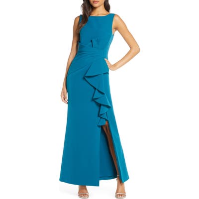 Petite Eliza J Ruffle Detail Gown, Blue/green