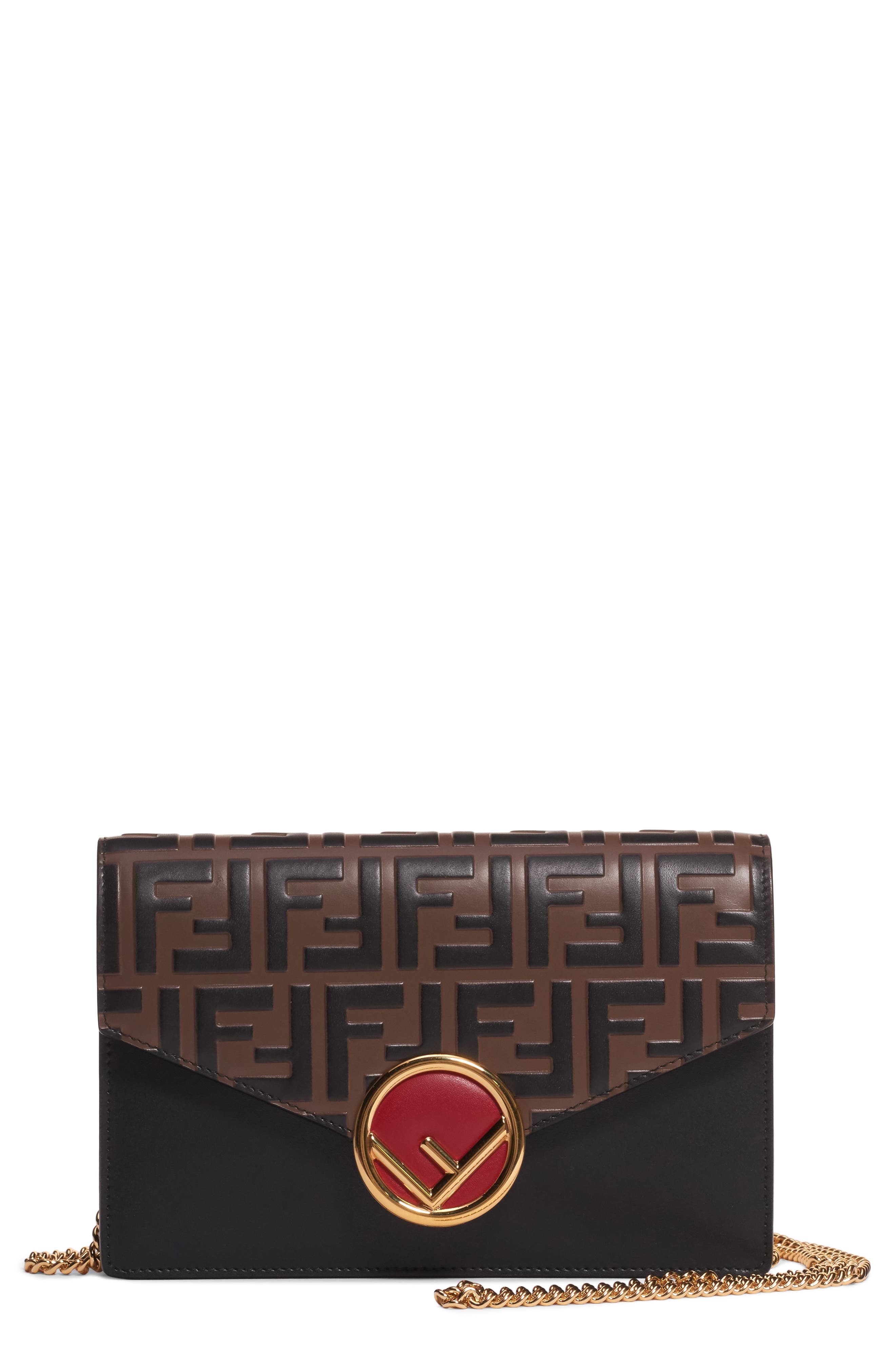 Fendi Logo Calfskin Leather Wallet on a Chain in Maya/Nero