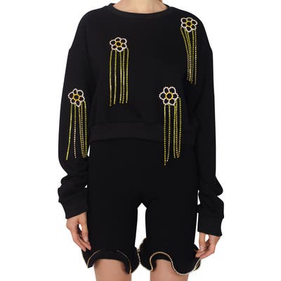 Area Floral Crystal Fringe French Terry Sweatshirt, Black