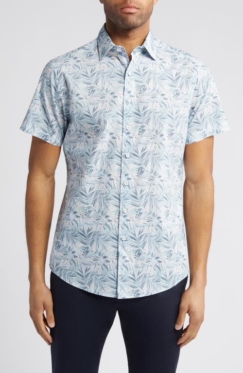 Frond Print Short Sleeve Cotton Button-Up Shirt in Sky