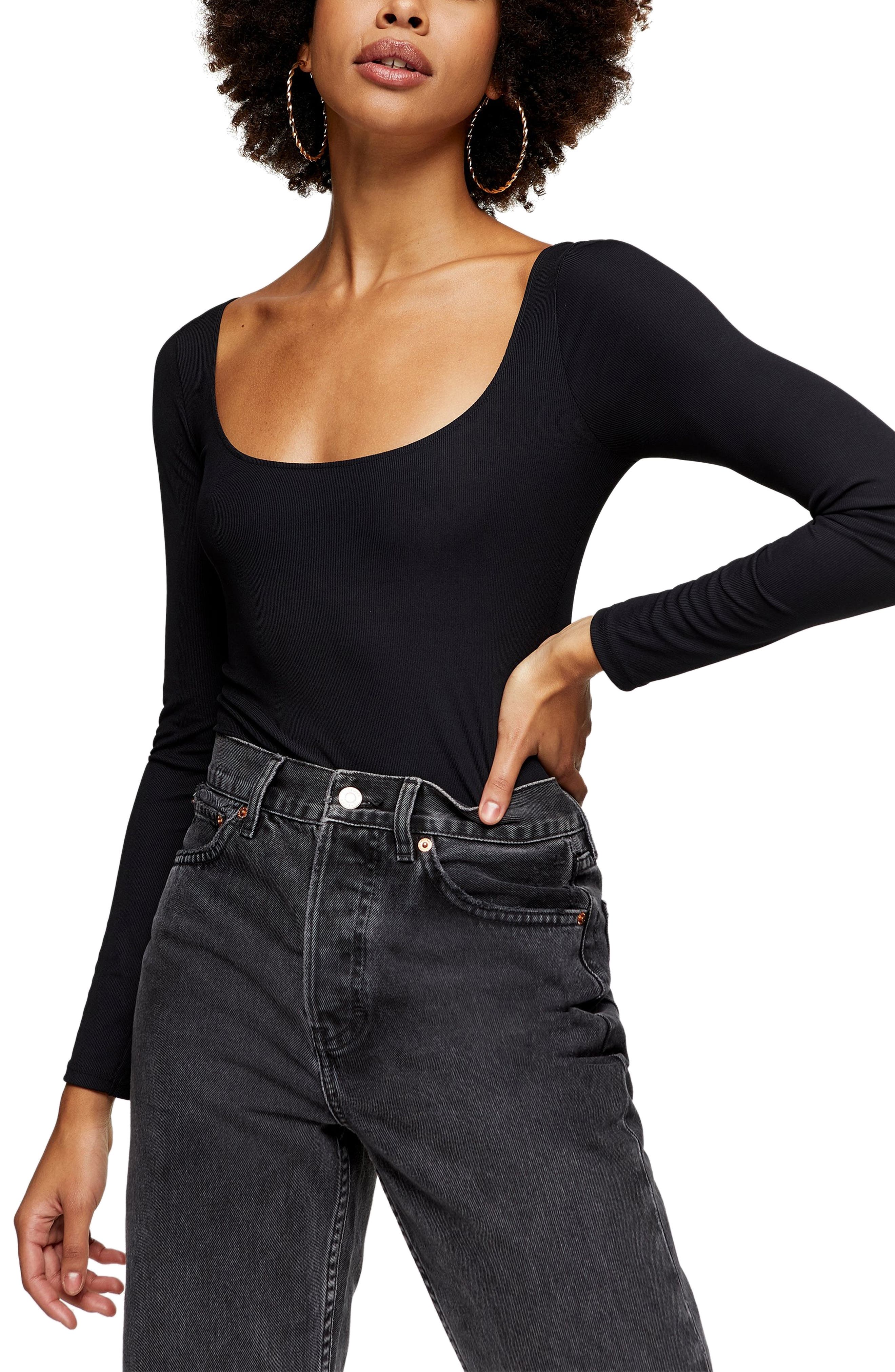 TOPSHOP Long Sleeve Square Neck Bodysuit, Main, color, BLACK