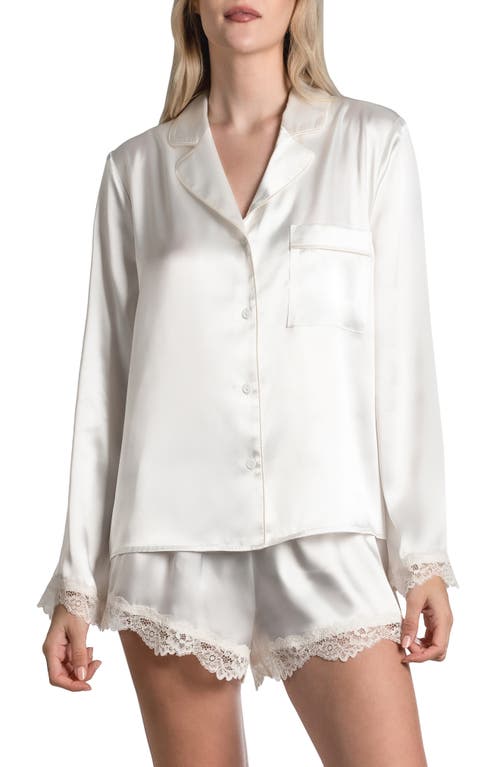 Felicity Lace Trim Long Sleeve Satin Shorts Pajamas in Off White