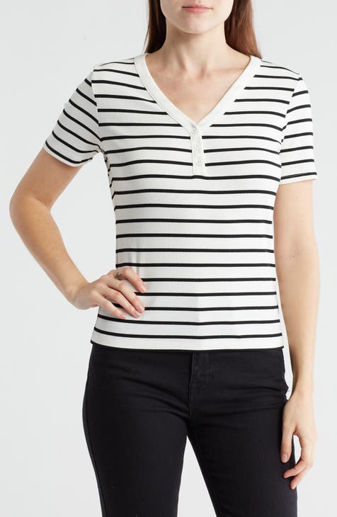 Stripe Short Sleeve Ribbed Henley