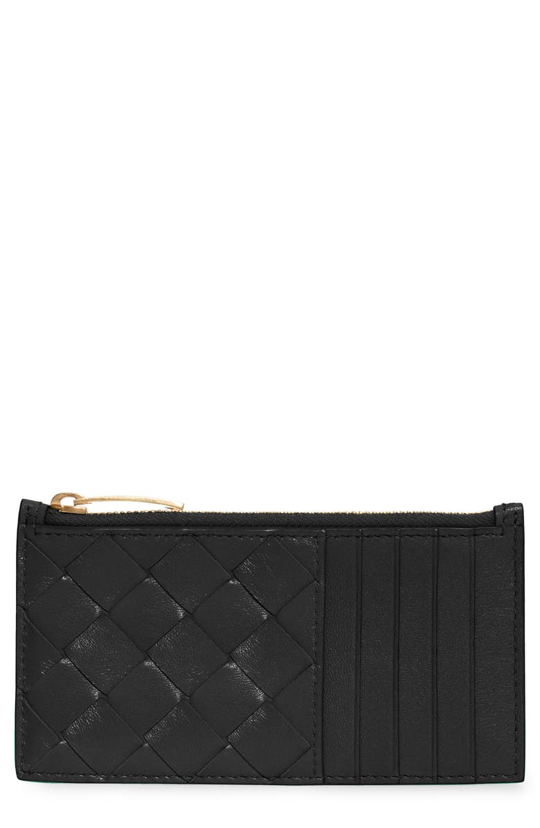 BOTTEGA VENETA Intrecciato Leather Zip Card Case, Main, color, BLACK-GOLD