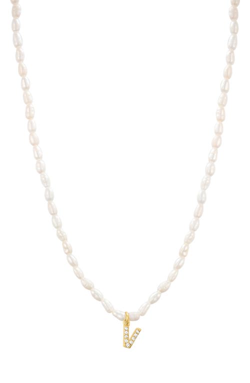 Initial Freshwater Pearl Beaded Necklace in White - V