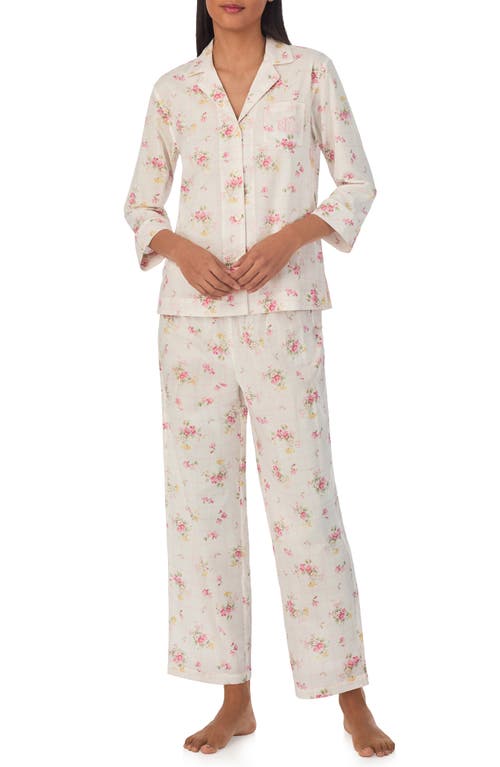 Stripe Cotton Blend Crop Pajamas in Ivory Floral