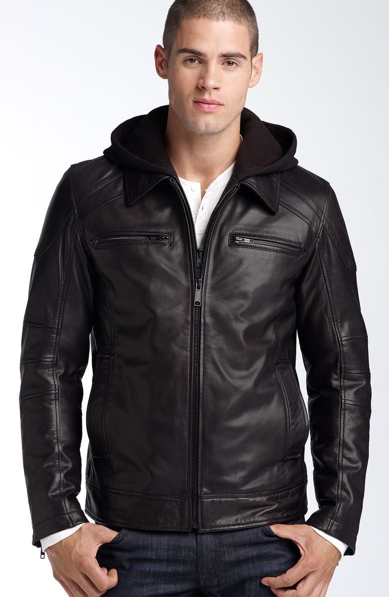 Black Rivet Hooded Lambskin Leather Jacket | Nordstrom