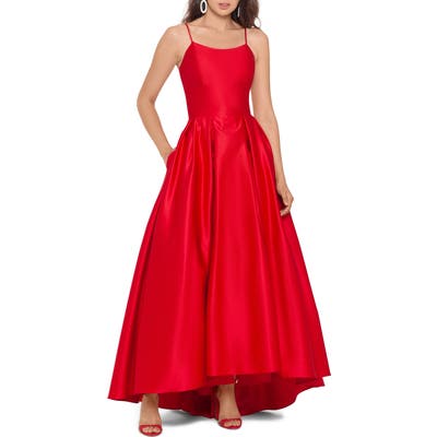 Betsy & Adam High/low Satin Ballgown, Red