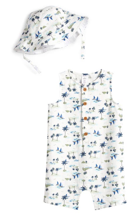 Print Cotton Henley Romper & Sun Hat Set (Baby)