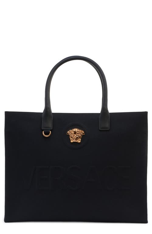 Shop Versace La Medusa Canvas Tote In Black/ Gold