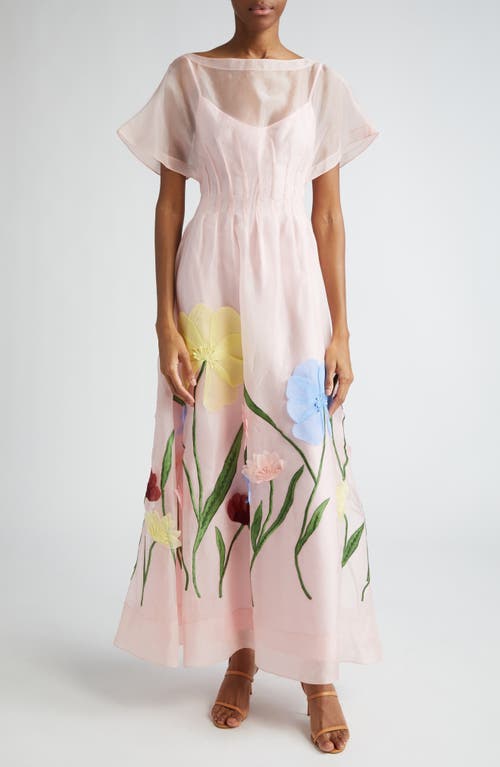 Floral Embroidered Silk Organza Dress in Peony