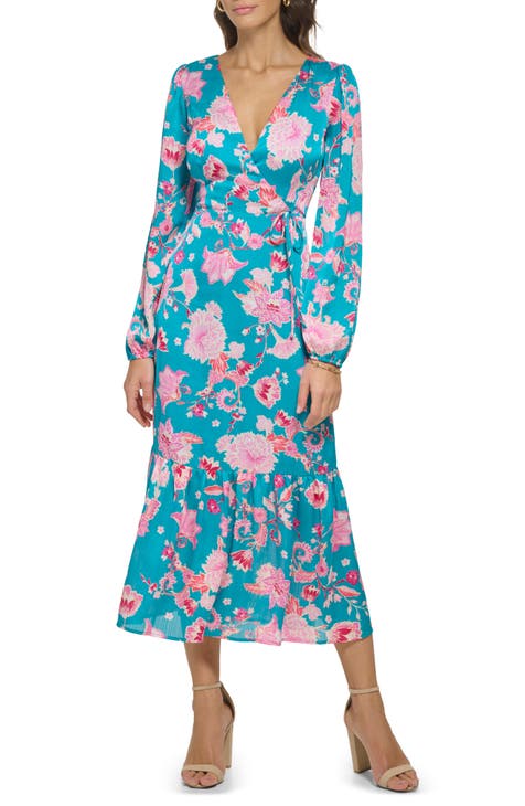 Floral Long Sleeve Lace-Up Satin Maxi Dress