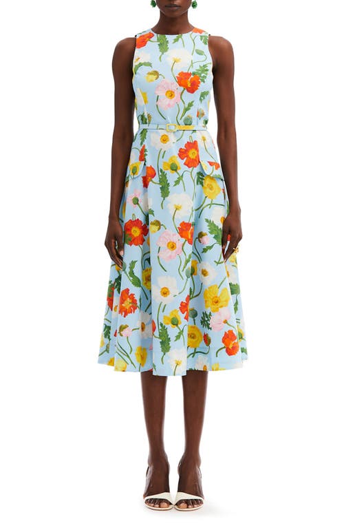 Oscar de la Renta Poppy Print Sleeveless Belted Dress in Light Blue Multi at Nordstrom, Size 0