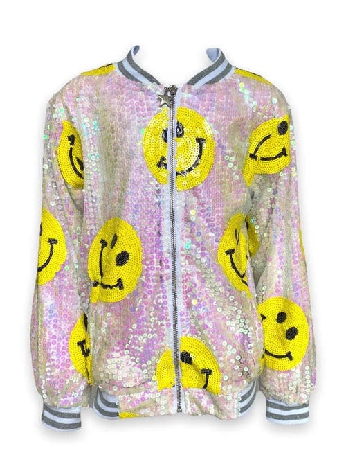 Lola + The Boys Don't Worry Be Happy Sequin Bomber in Yellow 