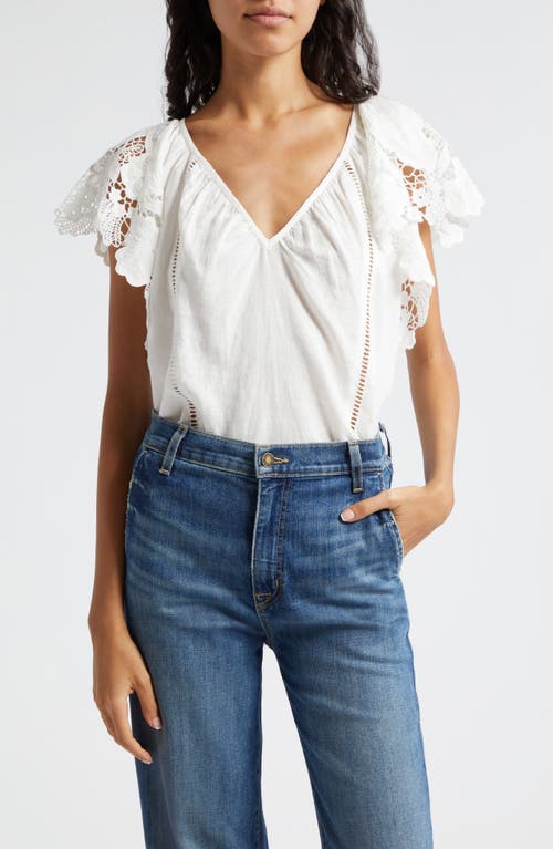 Hilllary Lace Sleeve Linen Top in White Embroidered Boho Linen