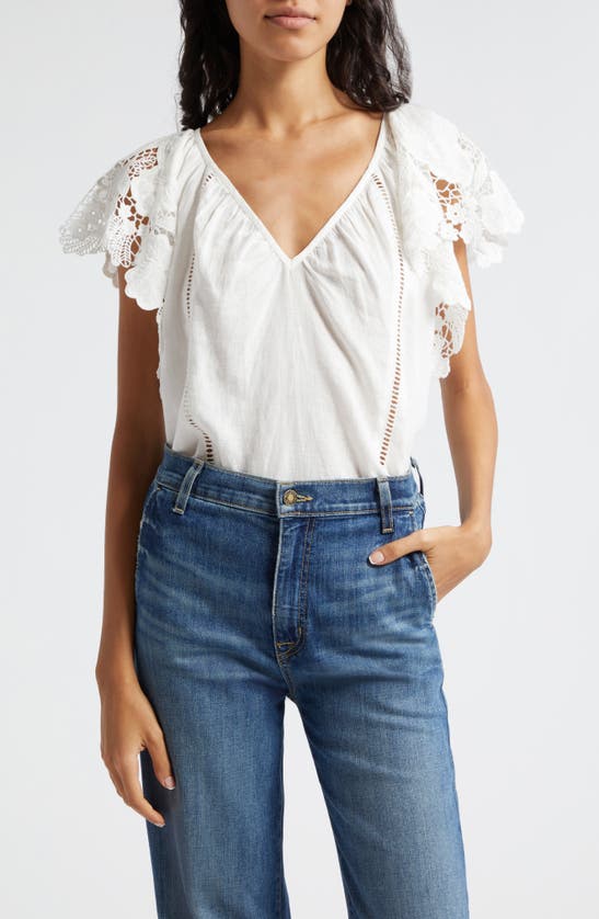 Shop Ramy Brook Hilllary Lace Sleeve Linen Top In White Embroidered Boho Linen