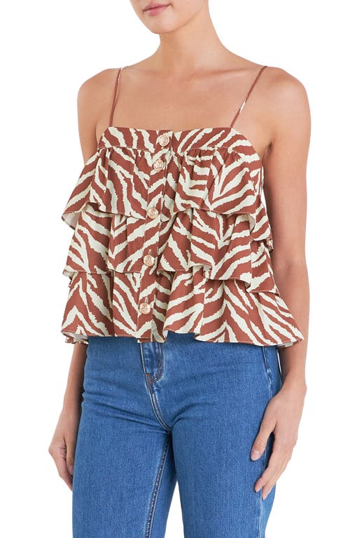English Factory Zebra Print Tiered Button-up Camisole In Brown Multi