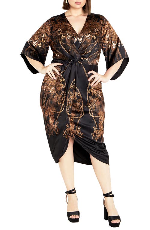 City Chic Priscilla Print Twist Front Midi Dress In Black/gold Lavish