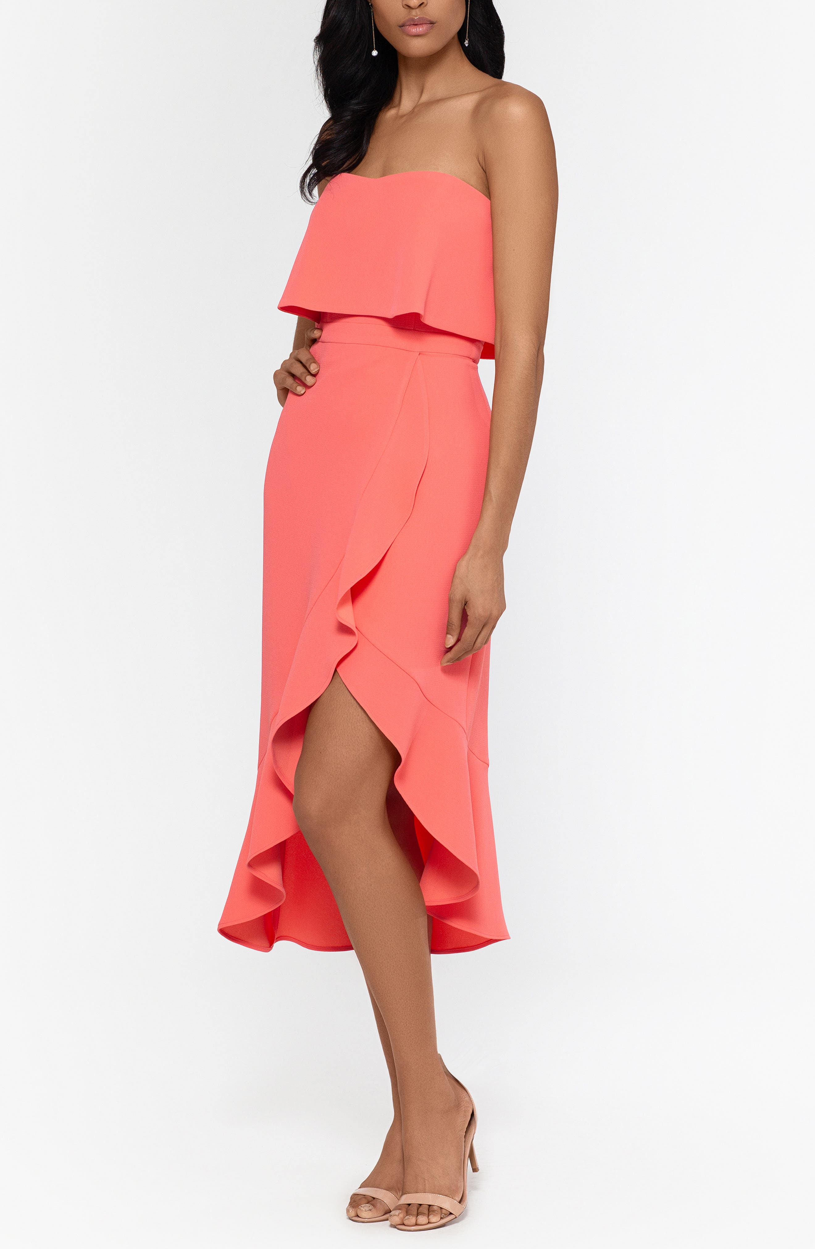 xscape red ruffle dress