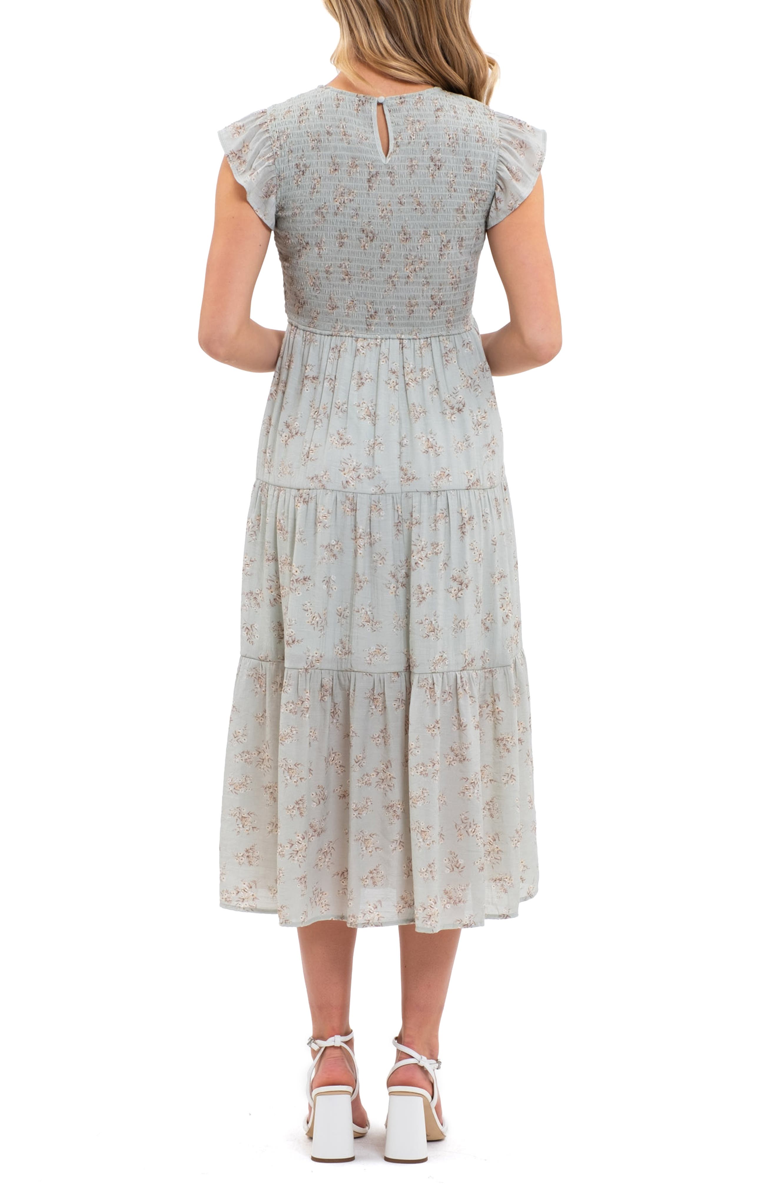Blu Pepper Sweetheart Smocked Mock Button MIDI Dress