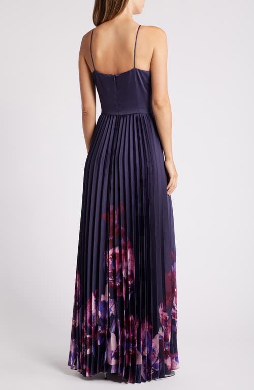 Shop Julia Jordan Placed Floral Pleated Satin Dress In Purple Multi