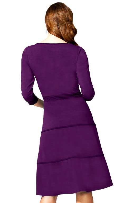 Hotsquash London Clothing V Neck Fit And Flare Dress With 3/4 Sleeves In Purple With Damson Piping