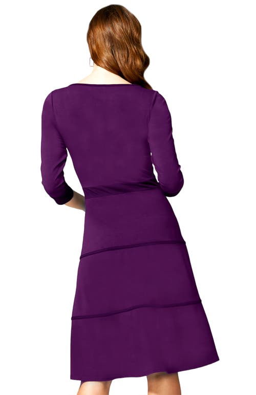 Shop Hotsquash London Clothing V Neck Fit And Flare Dress With 3/4 Sleeves In Purple With Damson Piping