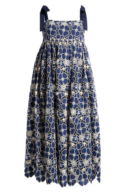 Mila Mae Embroidered Tie Strap Sleeveless Midi Dress Navy Ivory at Nordstrom,