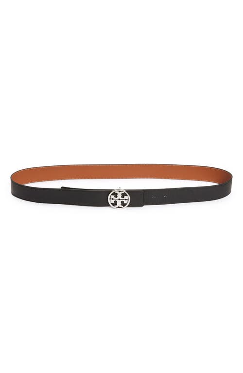 Shop Tory Burch Miller 1.5-inch Reversible Logo Belt In Black/classic Cuoio/silver