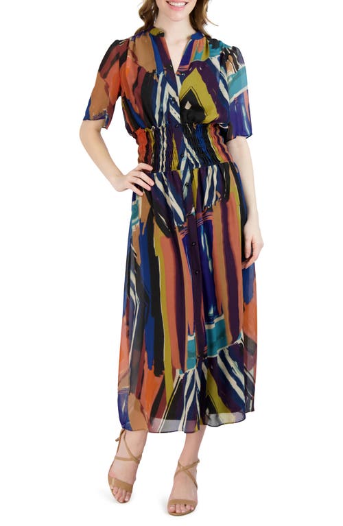 Donna Ricco Abstract Stripe Shirred Short Sleeve Midi Dress in Multi