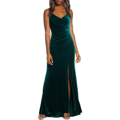 Vince Camuto Ruched Side Slit Velvet Evening Gown, Regular - Green