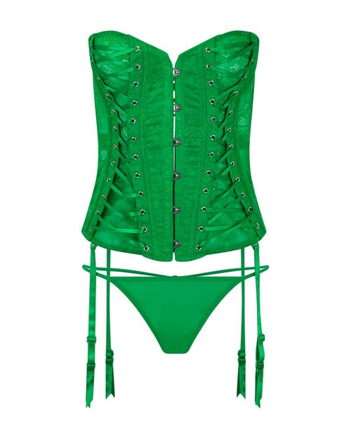 Adore Me Nikita Unlined Boned Corset & G-string Set In Dark Green