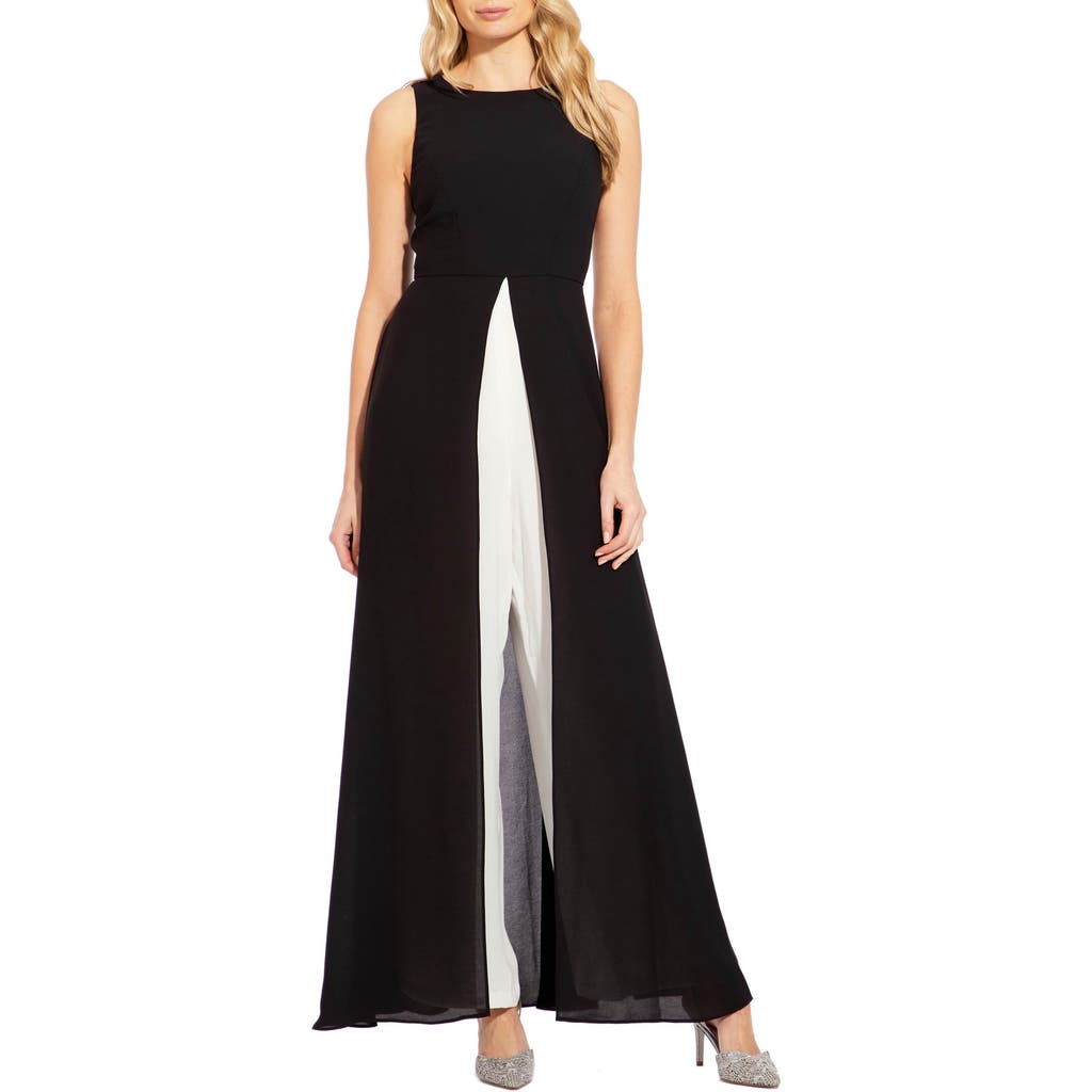 Adrianna Papell Crepe Overlay Jumpsuit In Black/ivory