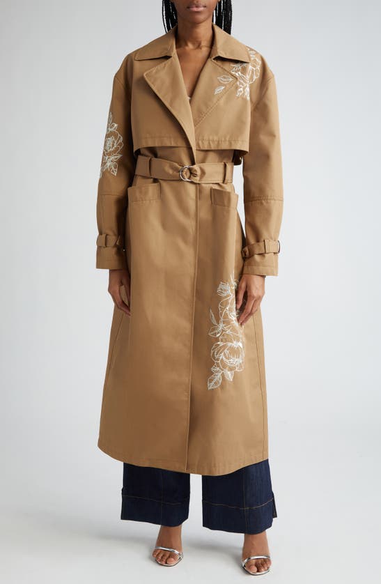 Shop Cinq À Sept Astrid Embroidered Floral Detail Cotton Blend Trench Coat In Khaki/ Silver