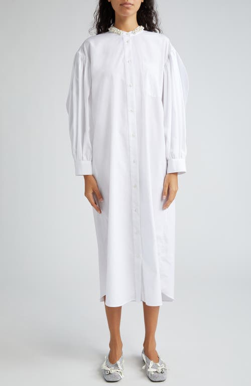 Bow Back Long Sleeve Cotton Poplin Midi Shirtdress in White/Pearl