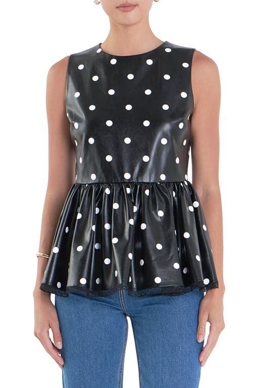 English Factory Polka Dot Peplum Sleeveless Faux Leather Top In Black/white