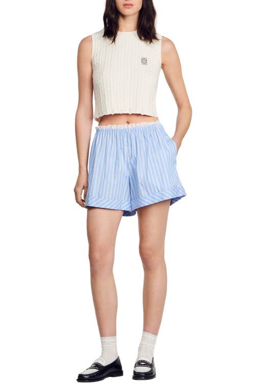 Shop Sandro Stripe Cuffed Cotton Shorts In Blue/white