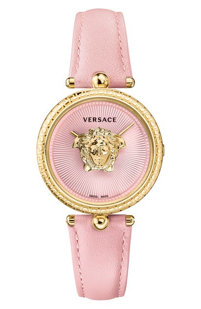 Versace Palazzo Empire Leather Strap Watch, 34mm In Pink/ Gold