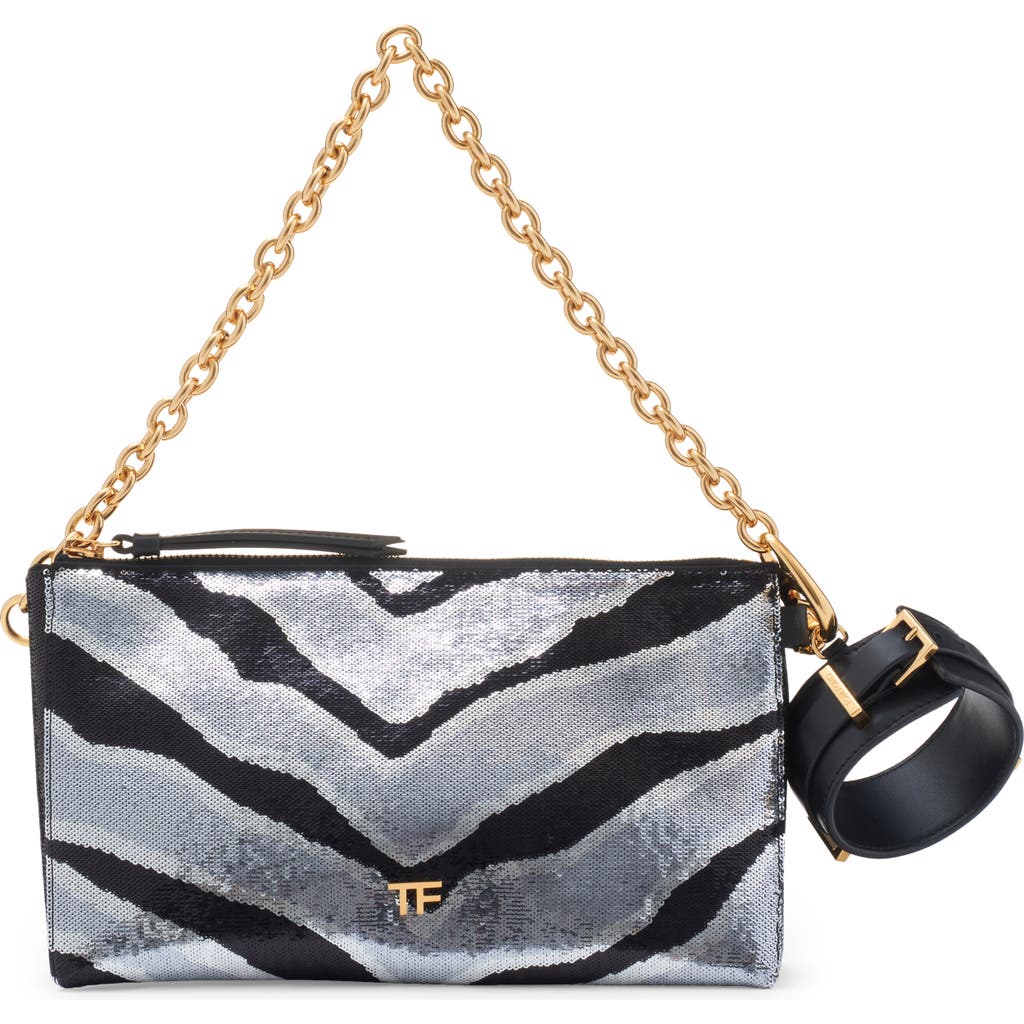Tom Ford Carine Sequin Zebra Stripe Clutch With Removable Cuff In 7ng01 Black/silver/black