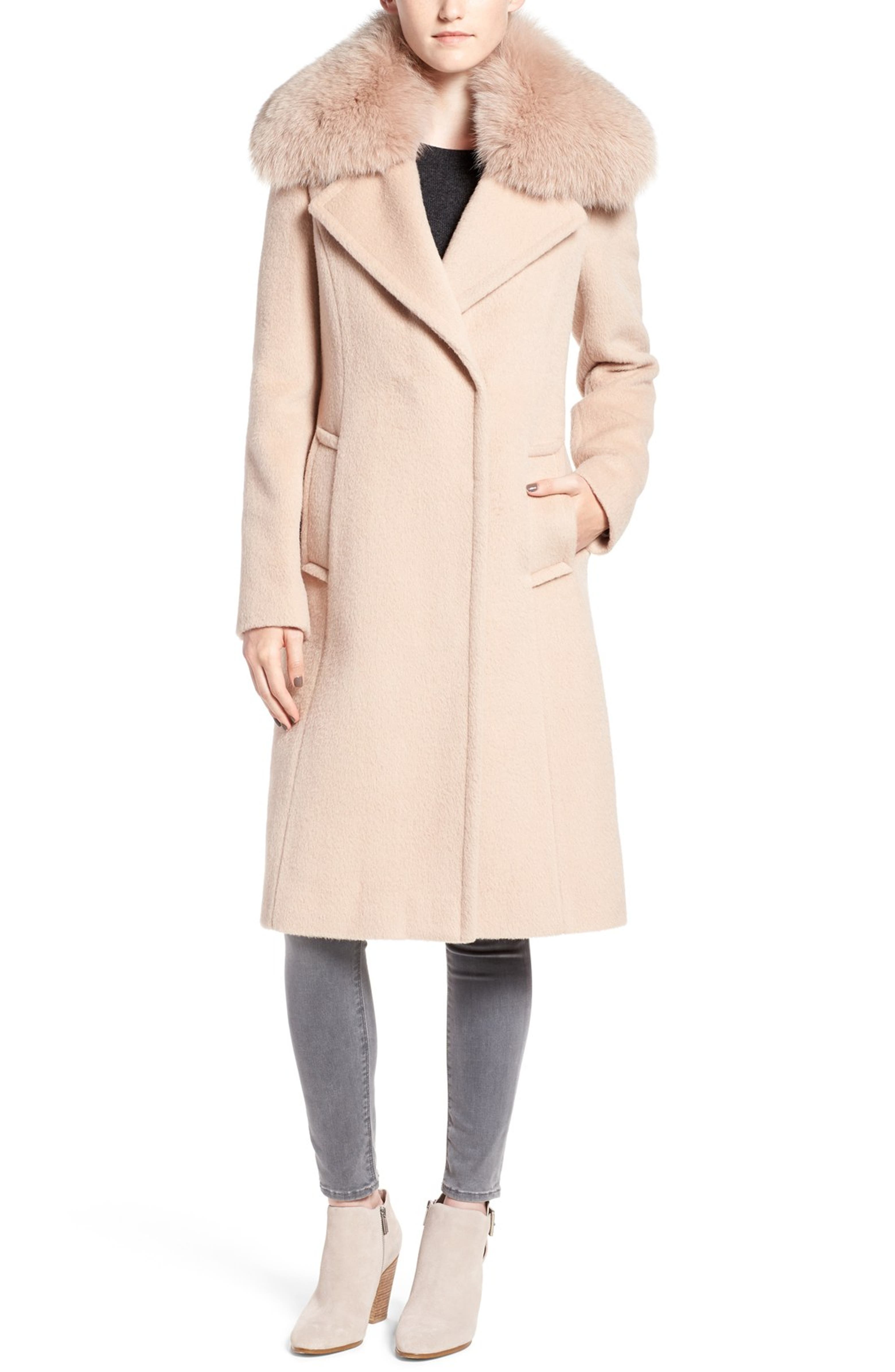 Diane von Furstenberg Genuine Fox Fur Trim Notch Collar Long Wool Blend ...