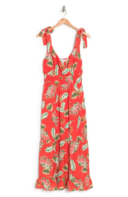 Adelyn Rae Tropical Print Tie Strap Maxi Dress In Chili Red