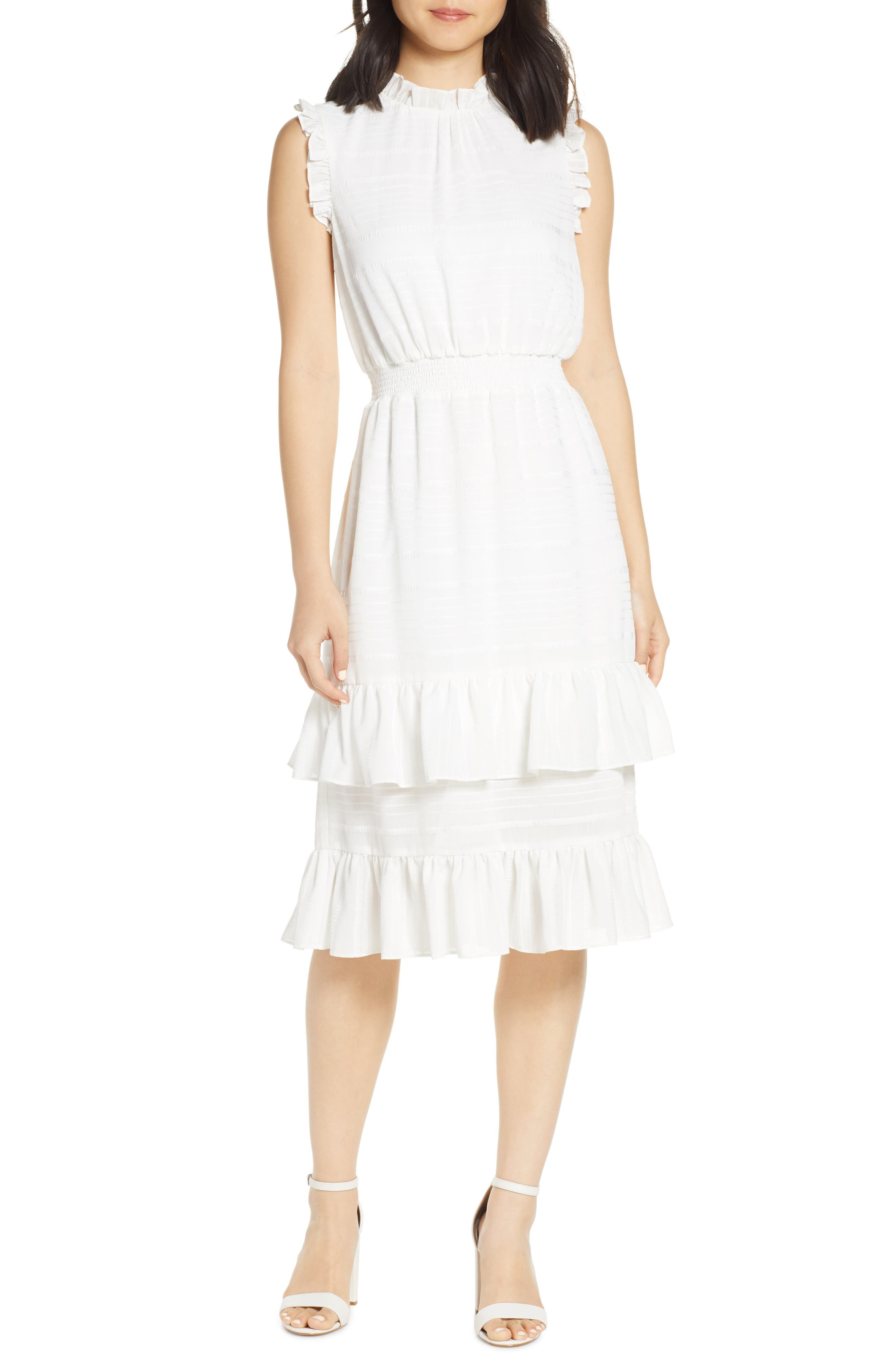 Avec Les Filles Tonal Stripe Ruffle Dress, Ivory