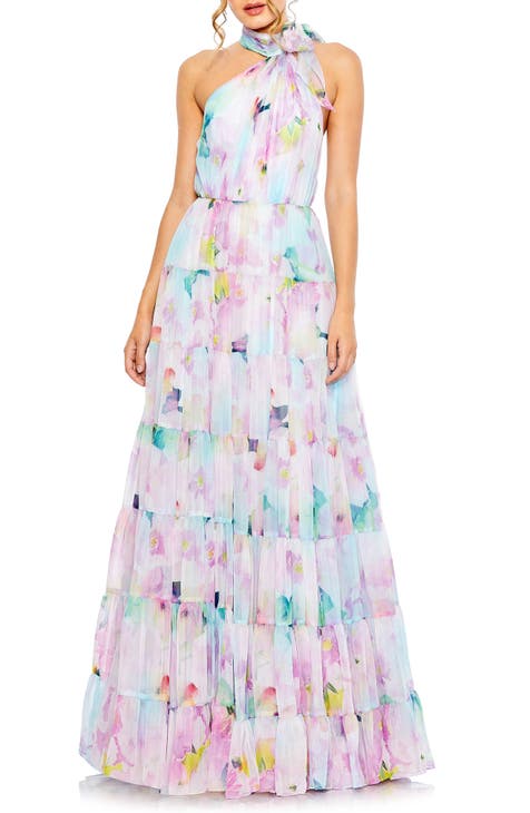 Floral Asymmetric Halter Neck Tiered Gown