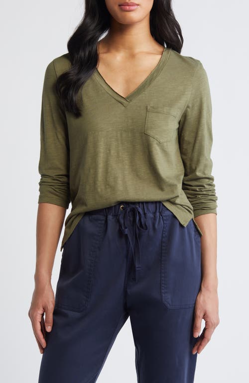 Shop Caslonr Caslon(r) Long Sleeve V-neck Shirt In Olive Burnt