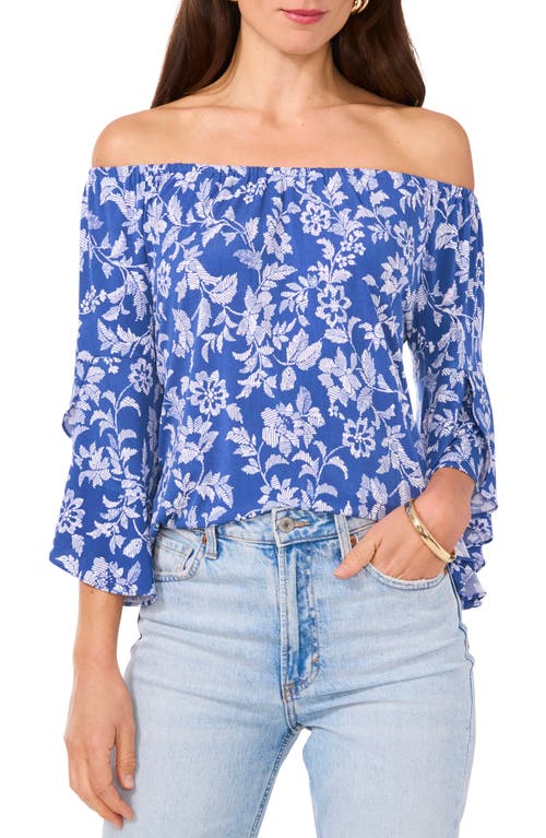 Vince Camuto Floral Off the Shoulder Flutter Sleeve Top Denim Navy at Nordstrom,