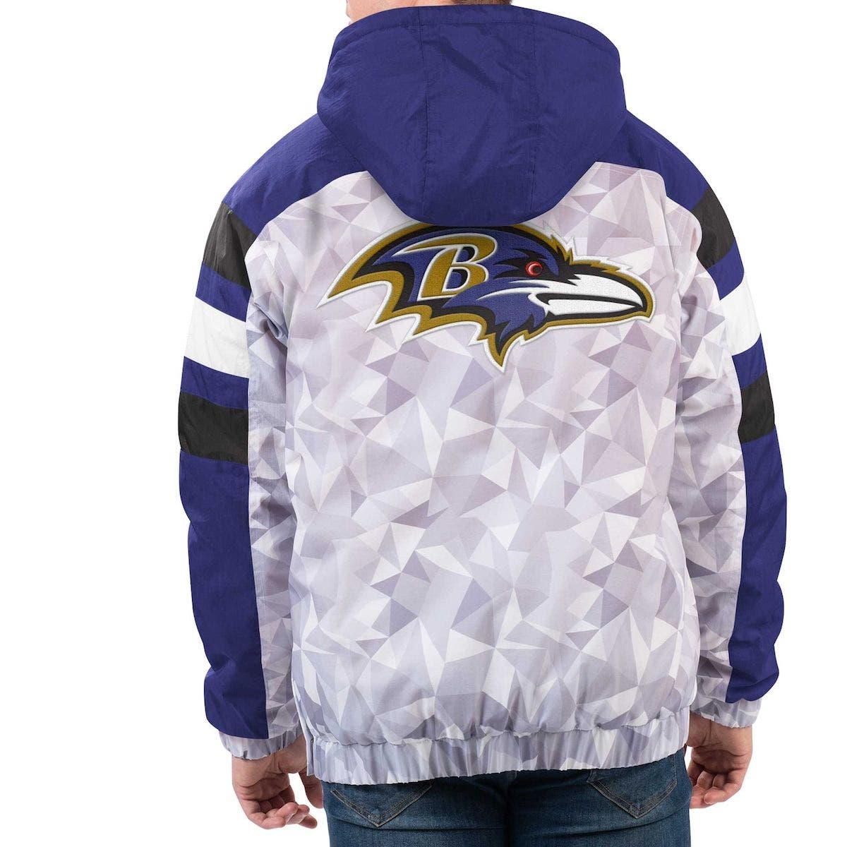 Men's Starter White/Purple Baltimore Ravens Thursday Night Gridiron Raglan Half-Zip Hooded Jacket Size: Extra Large